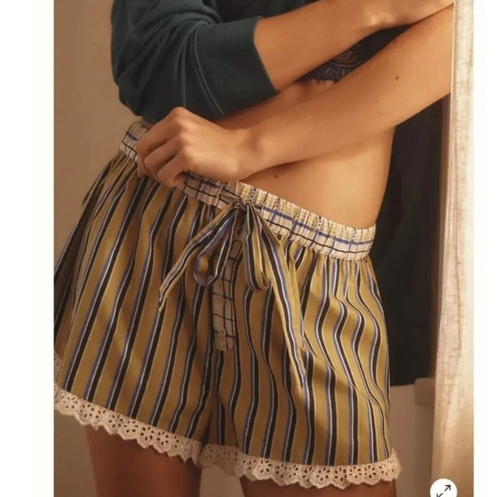 Anthropologie Lounge Shorts Eyelet Lace Drawstring Yellow Blue Stripe 2X